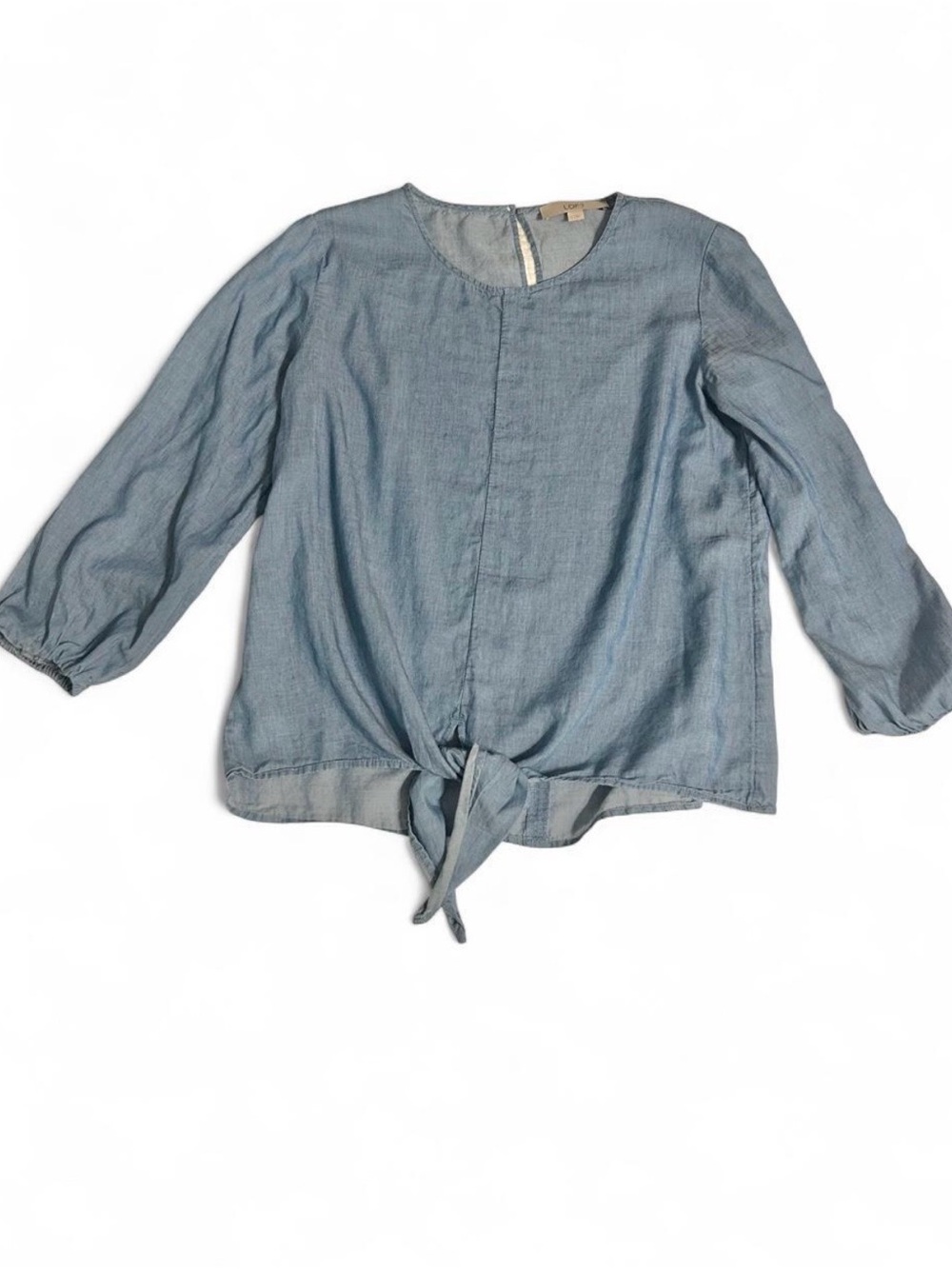 LOFT Chambray Blue Tie Front 3/4 Sleeve Blouse Top Size Small
